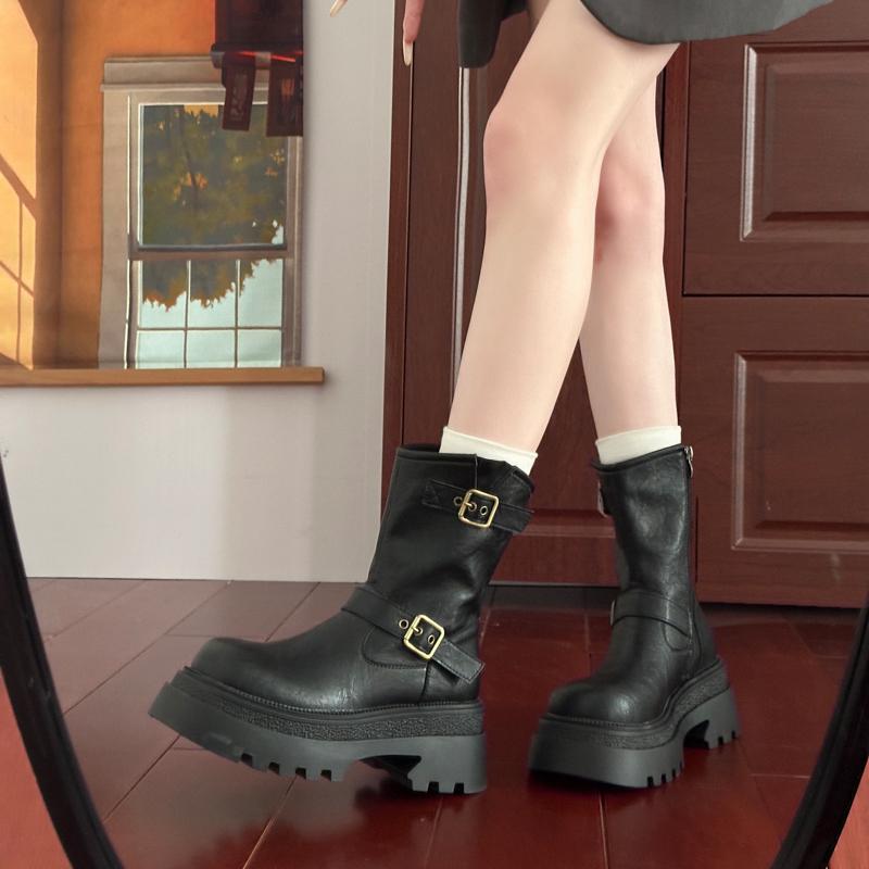 

Модная зимняя платформа женские ботфорты модная пряжка ремня длинные ботильоны винтажные квадратные низкие каблуки женская обувь 35 чёрный