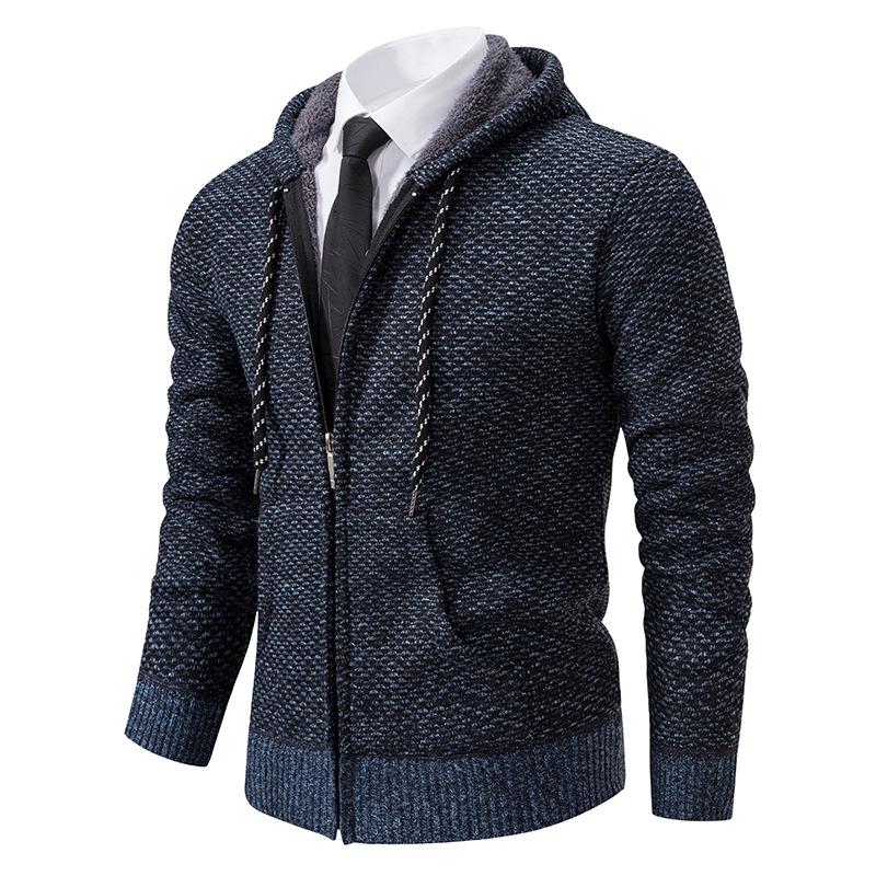 Men's Hooded Fleece-Lined Knitted Cardigan - Thick, Plus Size, Autumn/Winter 2023 Collection.