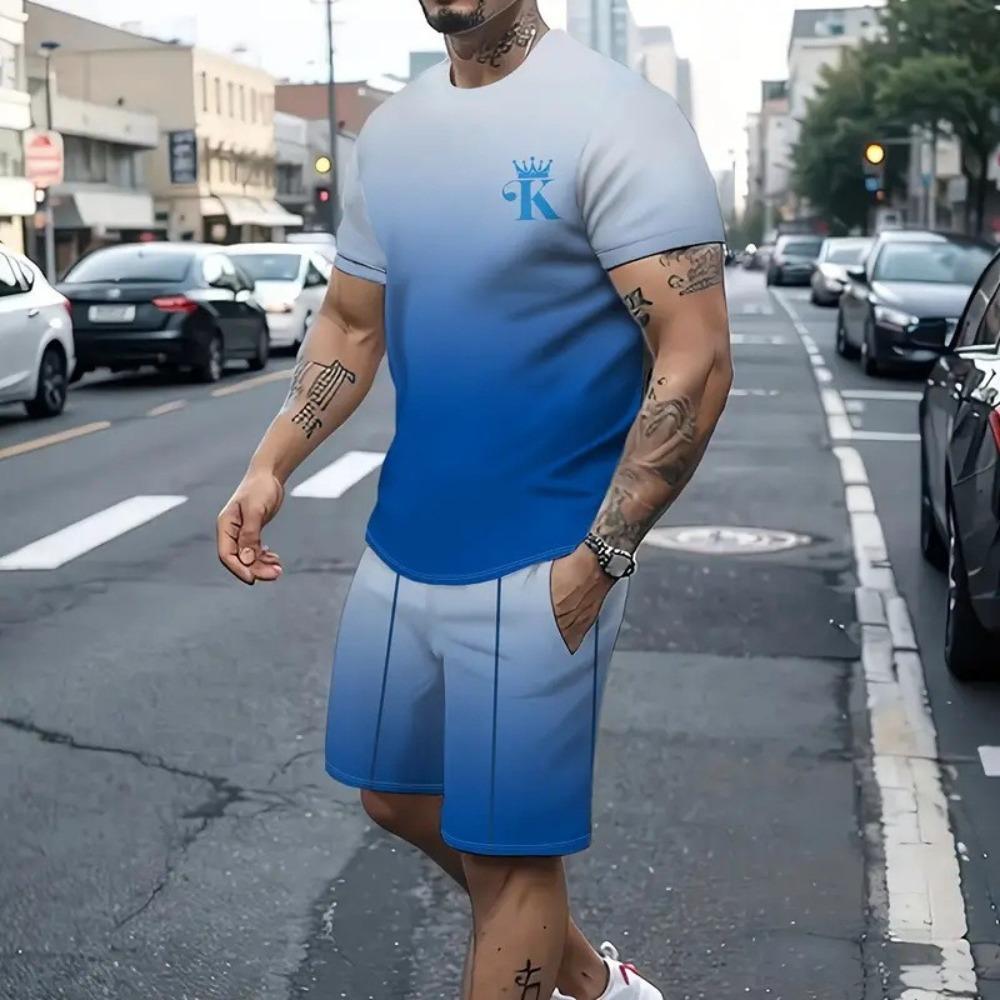 Men's Summer Sports Plus Size 2-piece Set Striped Design Loose Breathable Fashionable Colorful 3D Print Sports Wear