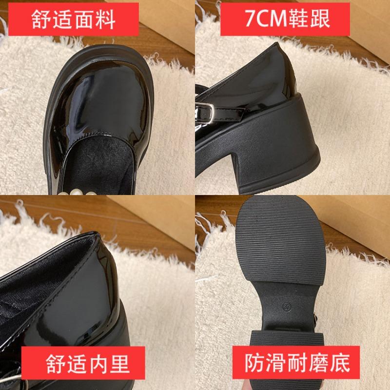 Spring new thick-soled women's shallow thick-heeled buckle beaded single shoes