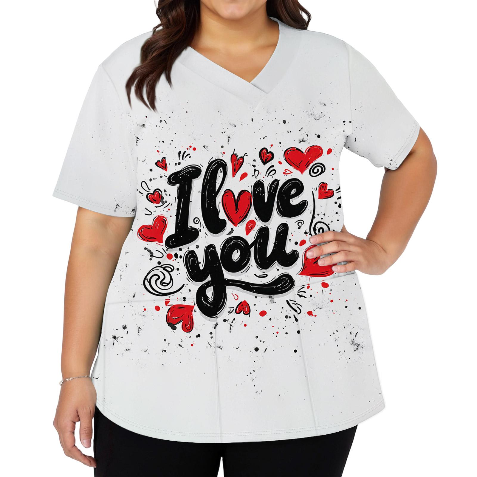 

Women s Fashionable V,neck Short,Sleeved Work Top With Side Slits, Pockets, And Decorated With Valentine s Day Heart Elements And Heart Prints. L
