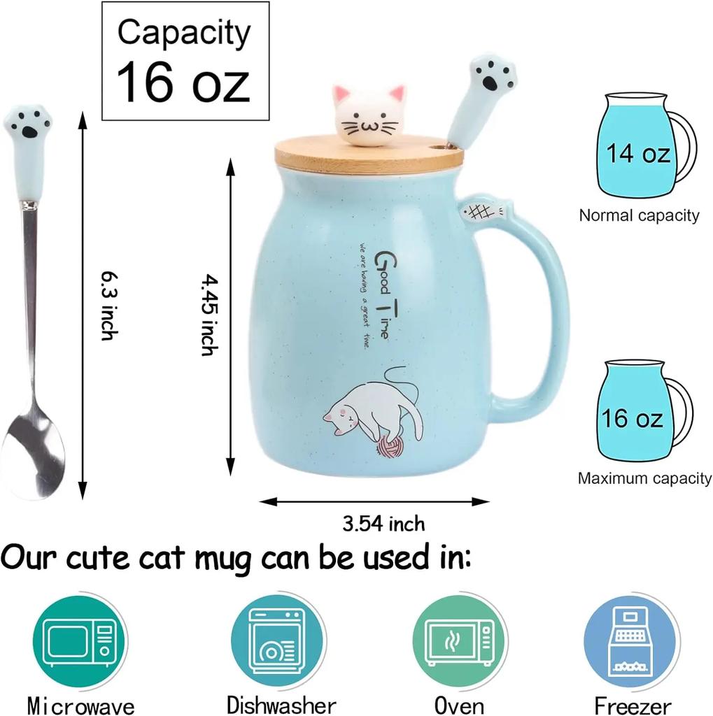 Kawaii Tea Cup Cute Cat Ceramic Coffee Mug with Kitty Lid and Spoon Japanese Style Novelty Gifts for Women Cat Lover Gifts 16oz
