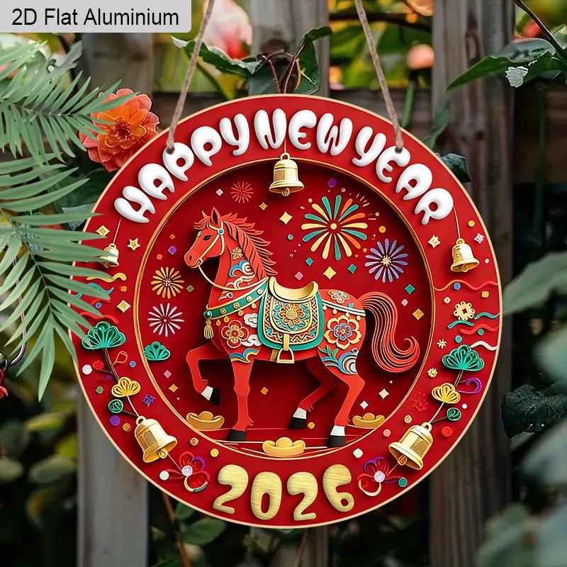 2D Flat 1pc Horse Year Aluminum Decoration Plaque, “Happy New Year” Lettering Sign, Home Decor, Porch Decor, Door Decor, Farmhouse Decor, Wonderful