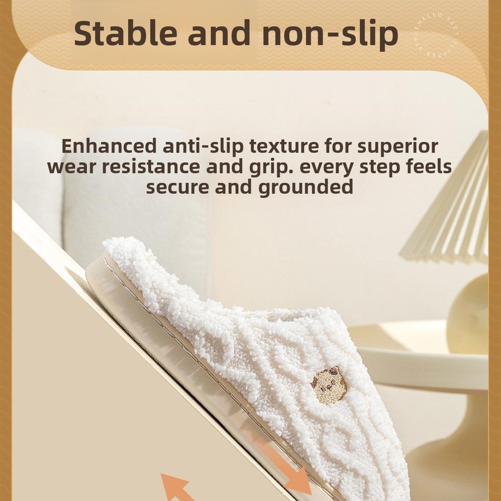 Bear Head Cotton Slippers for Women In Autumn and Winter, Indoor Plush Cute Thick Soled Warm Fur Slippers