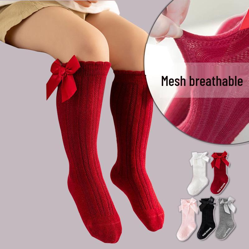 Chaussettes hautes en coton antidérapant pour nouveau-né avec nœud et rayures