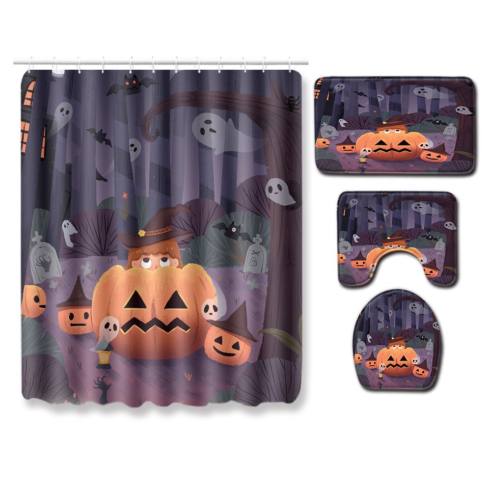 Halloween Shower Curtain Floor Mat Combination Four-Piece Set Bathroom Toilet Carpet Shower Room Foot Mat