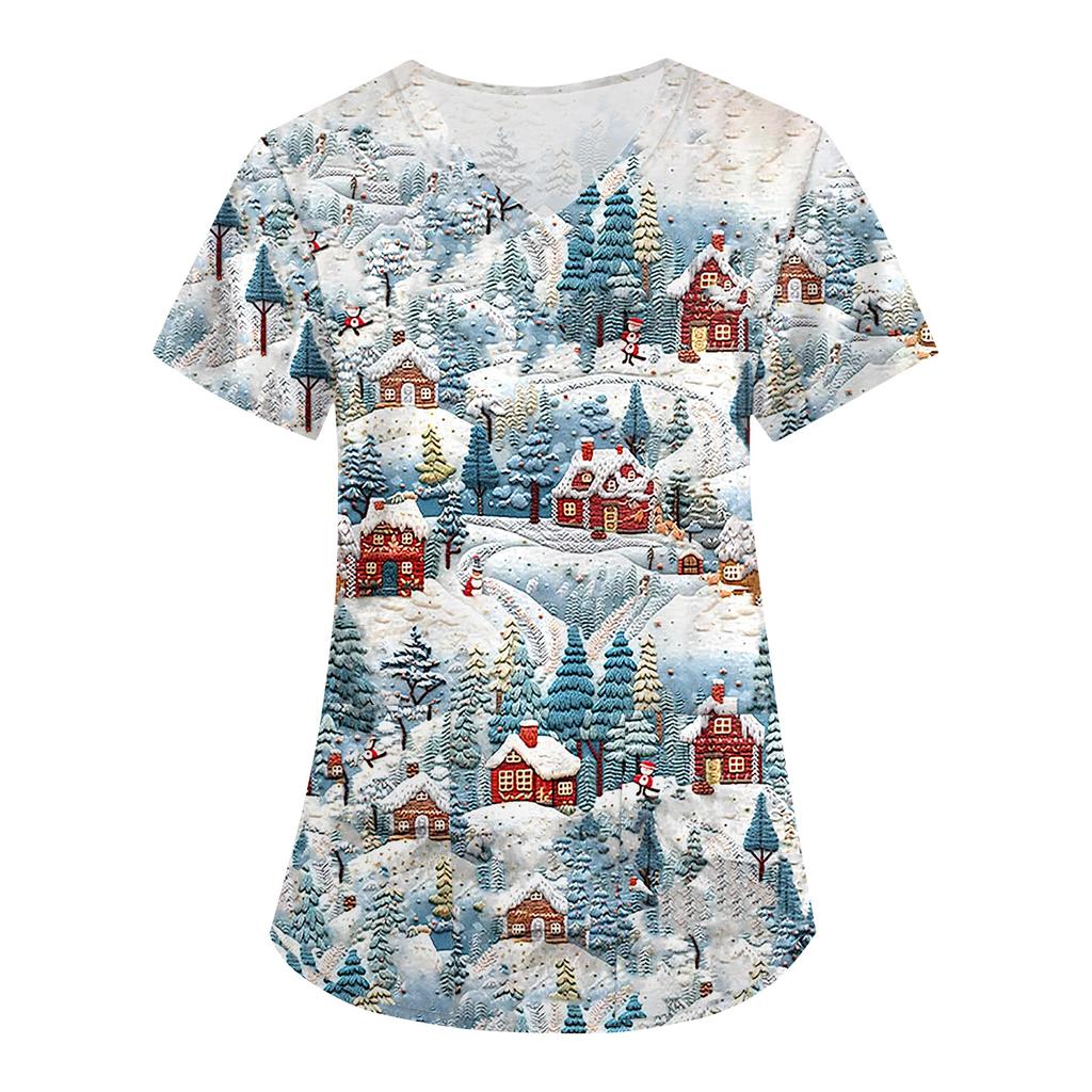 Women's Christmas Print Loose V-Neck Pocket Short-Sleeved Uniform