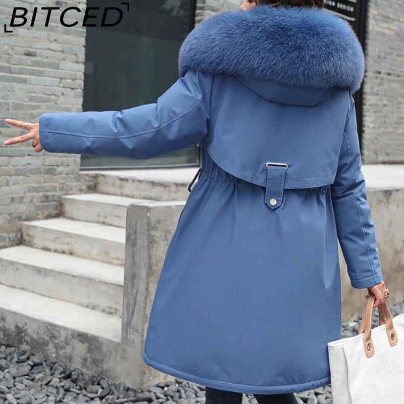BITCED Winter Women's Mid-Length Cotton Coat with Large Fur Collar and Fleece Lining