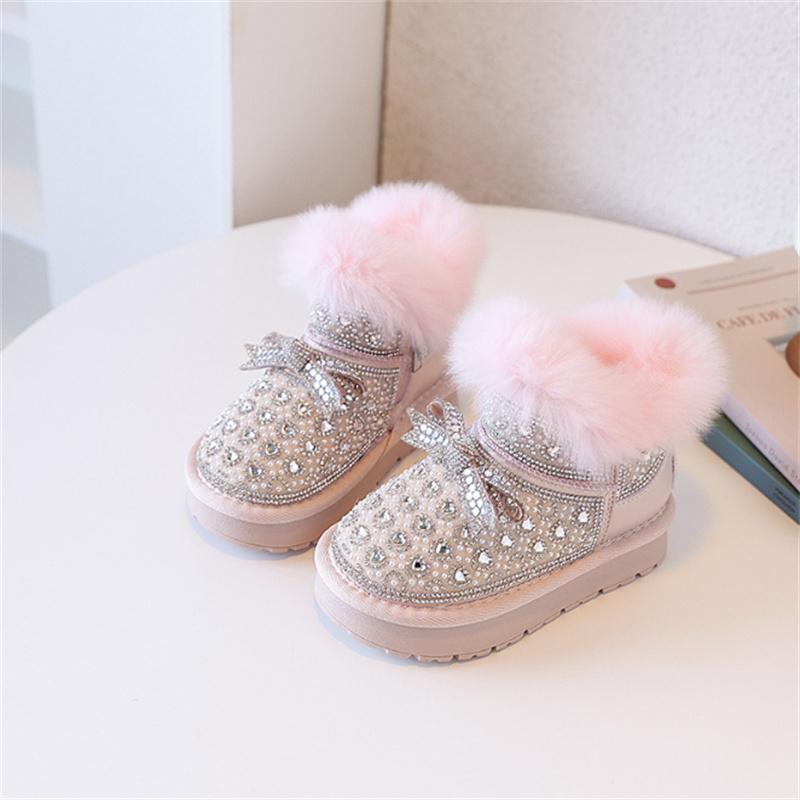 Winter Children Snow Boots Leather Warm Plush Rhinestone Bling Bling Kids Shoes Non-slip  Girls Cotton Boots EU 26-37