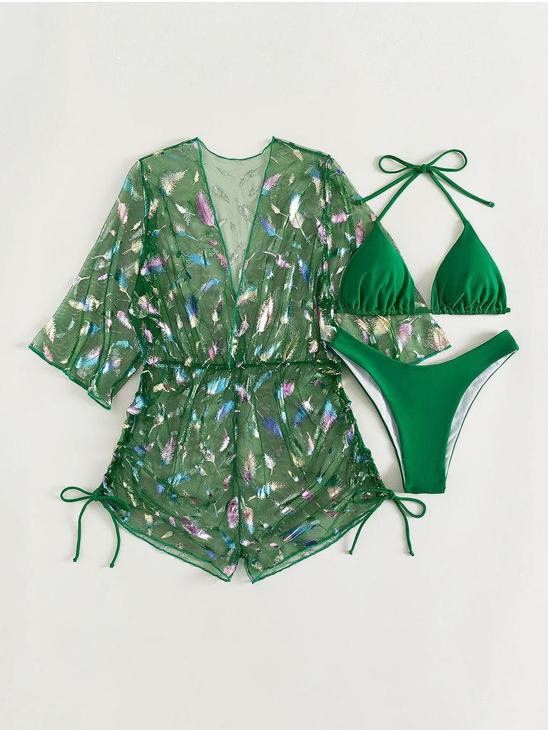 European & American Bikini Three-Piece Set: Mesh Sun Protection Cover-up with Nine-Sleeve & Sexy Bikini (2026)