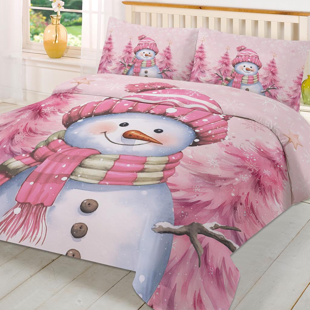 Christmas Snowman Pink Christmas Tree 3pcs Bedding Set For Double Bed Home Textile Duvet Cover Quilt Cover Pillowcase