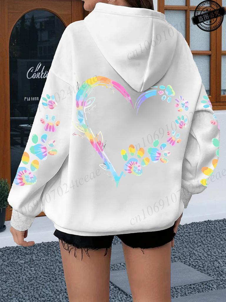 Herz Hundepfote Aufdruck Hoodies Damen Lässig Mode Alleskönner Kapuzenpullover Fleece Warm Neue Pullover Harajuku Trend Kapuzenpullover