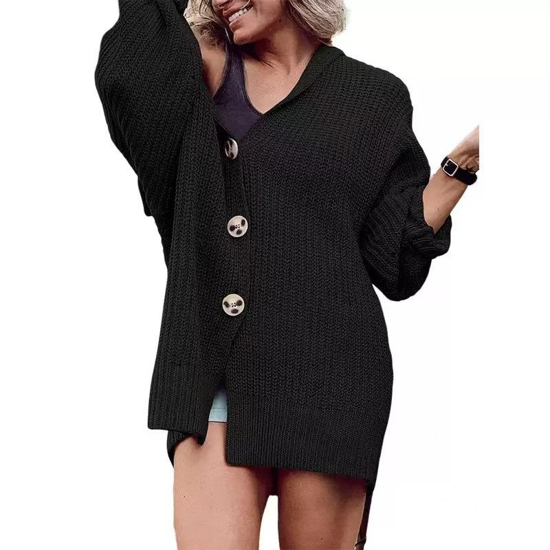 

Осень и зима новая женская одежда однотонный лацкан вязаный кардиган на пуговицах средней длины пальто женская повседневная мода чёрный