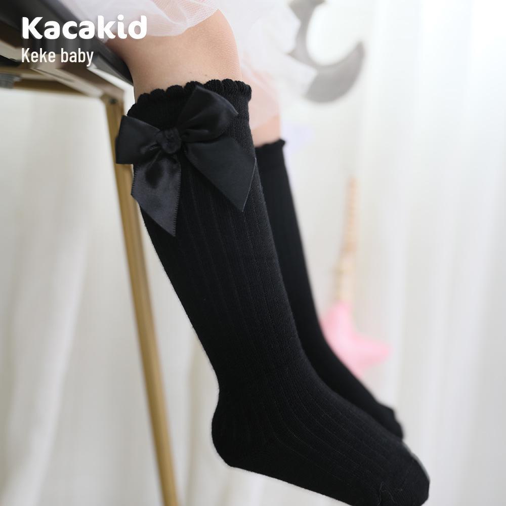 Girls' Bow Mid-Calf Cotton Socks - Cute Solid Colors for Spring & Autumn