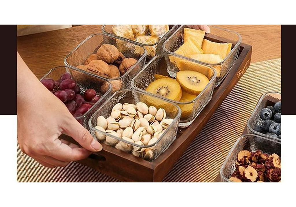 Luxury Glass Walnut Fruit & Snack Plate with Candy Compartments for Living Room Coffee Table