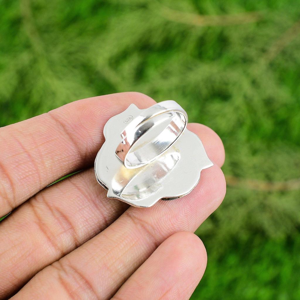 Natural Labradorite Gemstone Statement Flower Blue Adjustable Ring 925 Silver