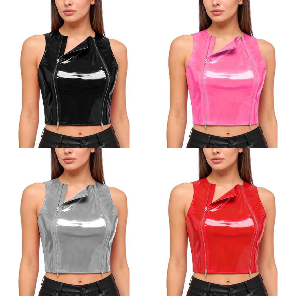Damen Nasses PU-Leder Crop Top mit Reißverschluss vorne, ärmellos, glänzendes Tanktop, Nachtclub-Kleidung