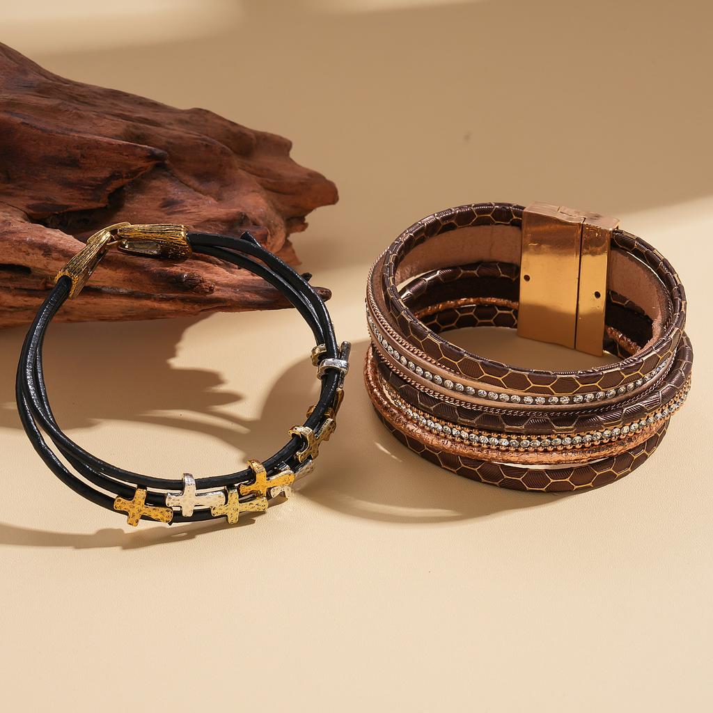 Leather Diamond Cross Multi-layer Magnetic Bracelet Autumn and Winter Personality Hip-hop Niche Jewelry