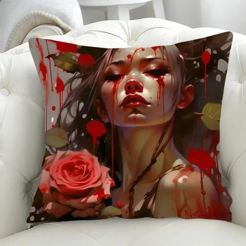 Luxury Home Decor Pillowcase Living Room Sofa Cushion Cover Rose Character Illustration Style Pattern Cushion Cover
