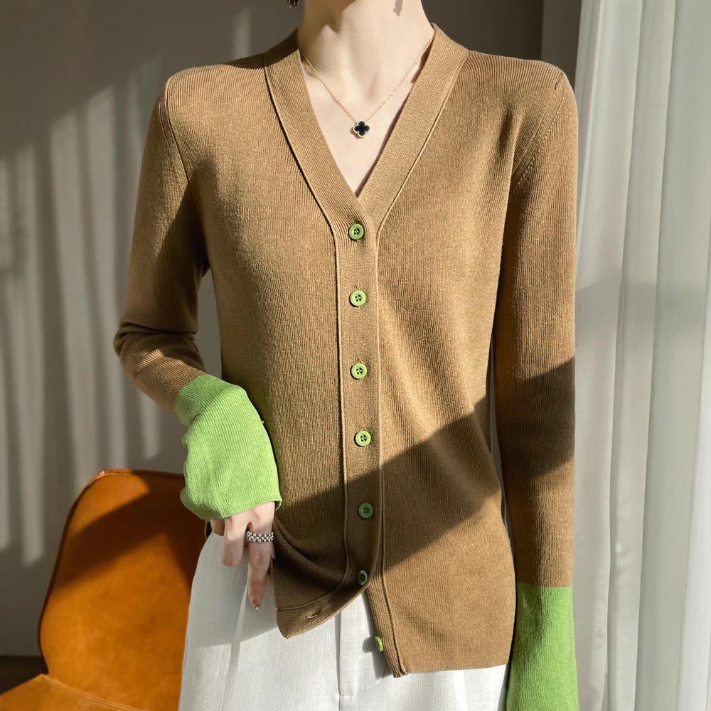 

Women s Early Spring Color Block Slim V-Neck Knit Cardigan XXL (140-155 jin)