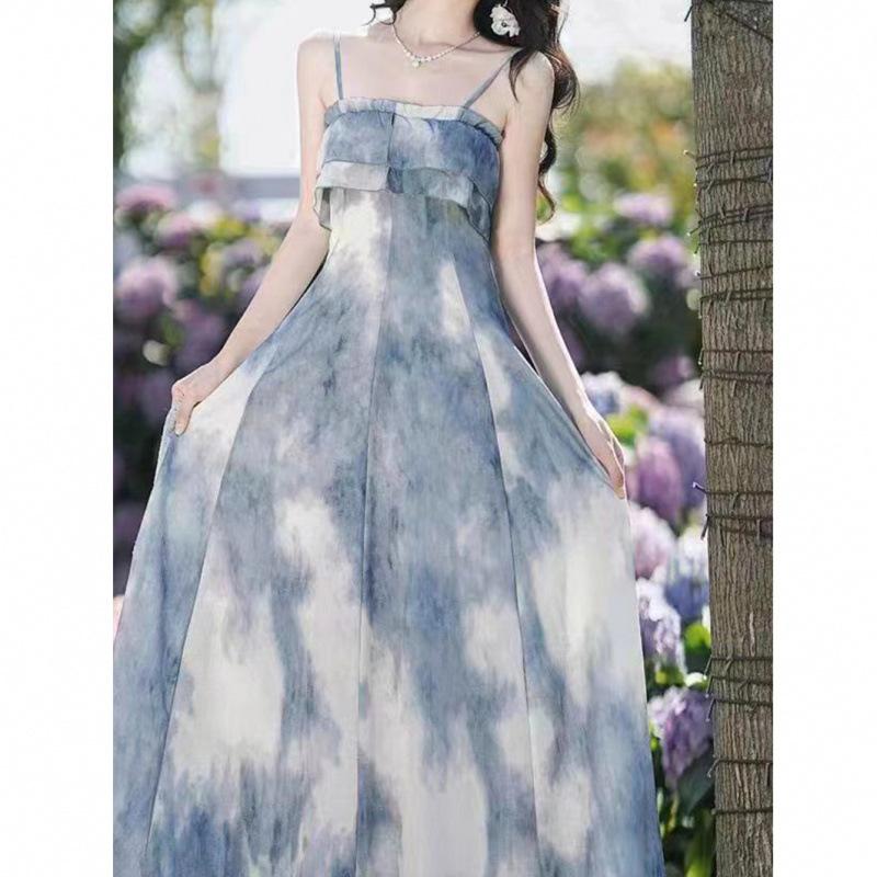 Guochao Stile Hong Kong Vestito Versatile Donna Estate Taglia Grande Versione Coreana di Alta Gamma Design con Spalline Gonne Vita Sottile Media e Lunga