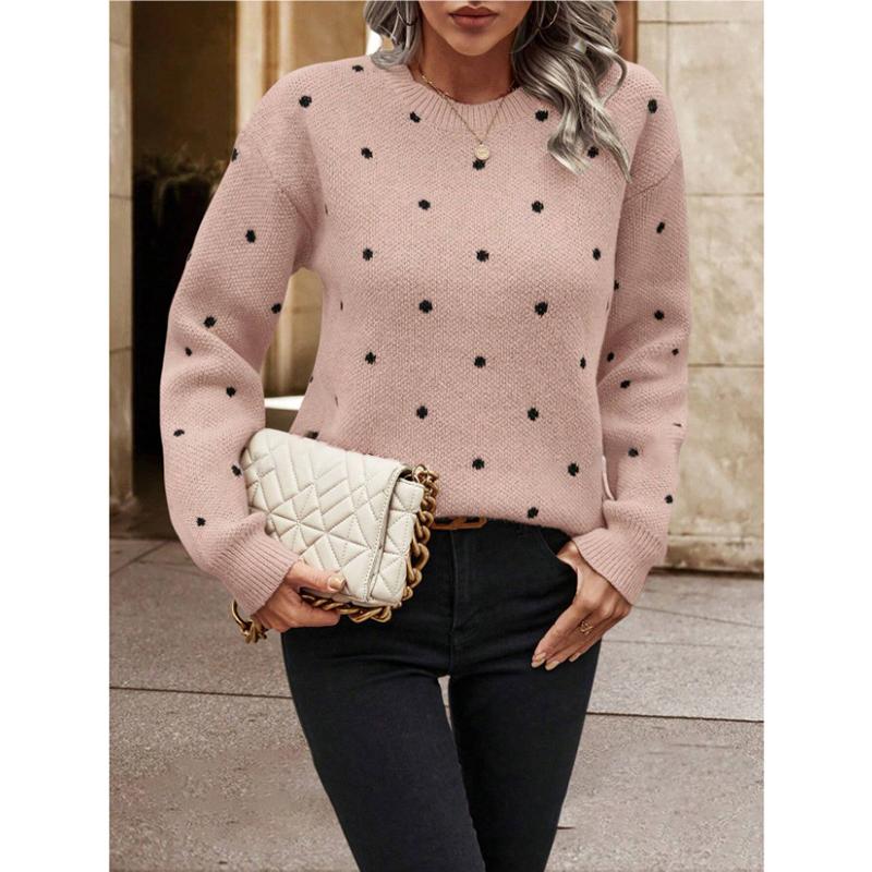 Autumn and Winter Fashion New Women's Elegant and Sexy Warm Round Neck Knitted Pullover Long Sleeved Polka Dot Sweater