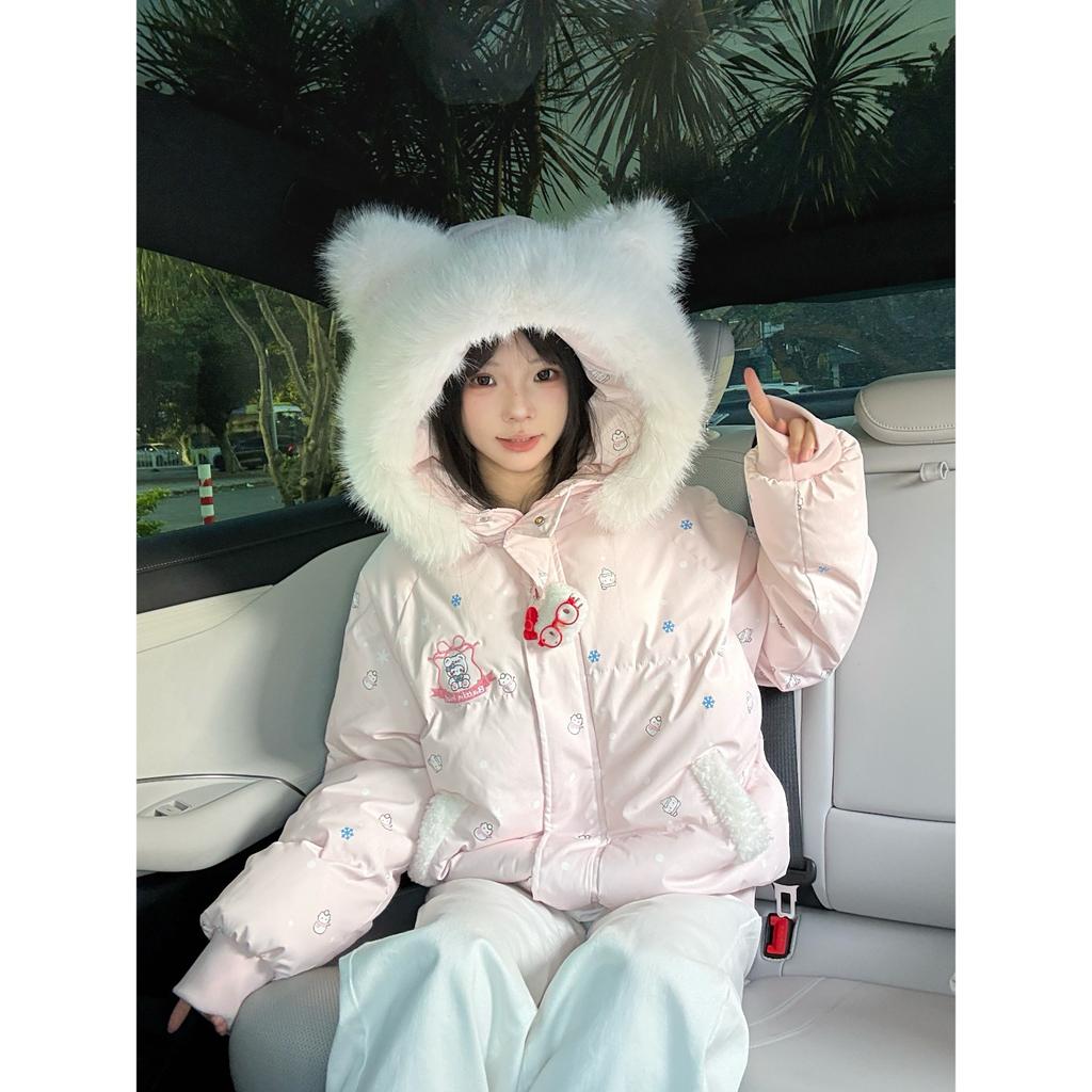 Milk Huhu full print embroidered fur collar cotton clothes women's winter thickened warm loose sweet college loose hooded jacket