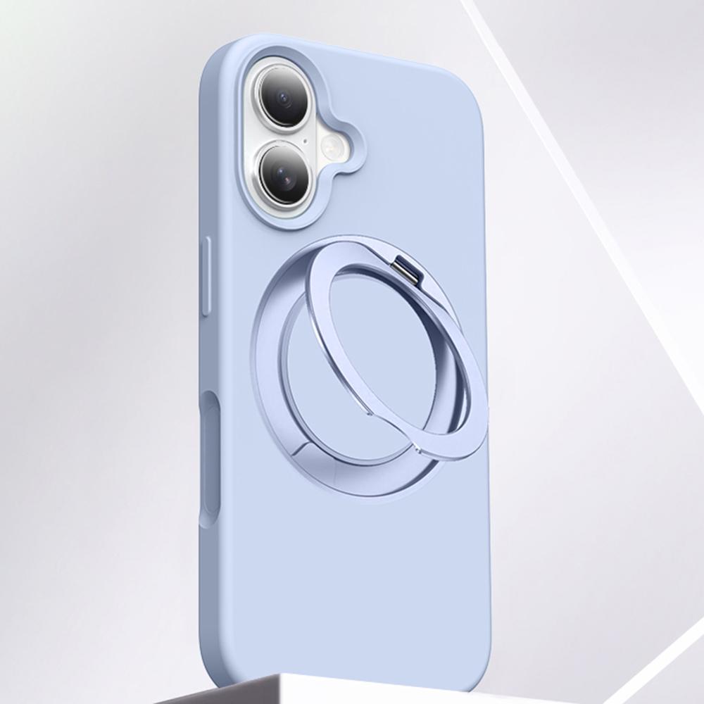 

For iPhone 16 Case Rotating Kickstand Liquid Silicone+PC Phone Cover with Camera Touch Control Button