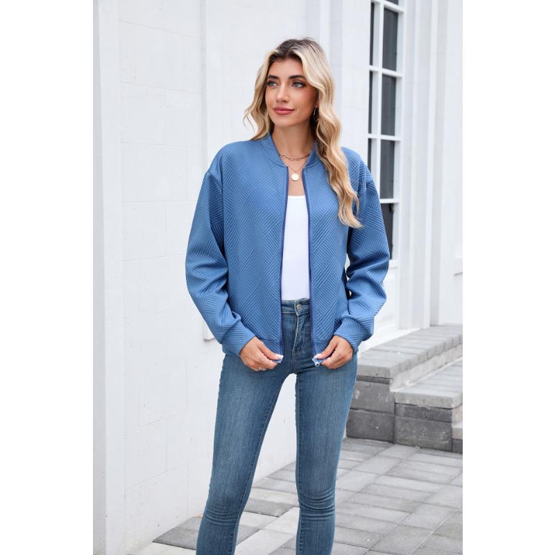 Women's Textured Zip Up Bomber Jacket, Autumn Winter V-neck Long Sleeve Baseball Coat, Loose Casual Lightweight Outerwear for Daily Wear