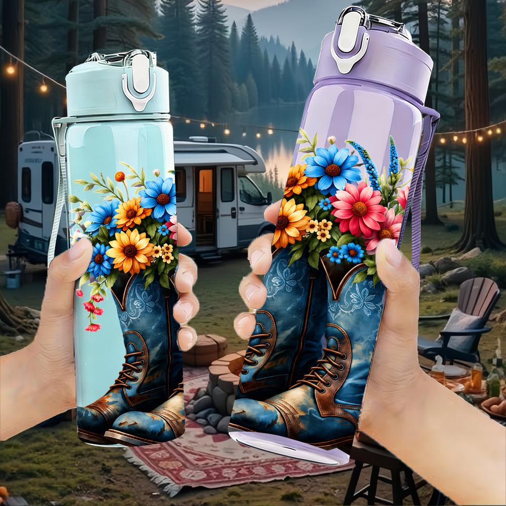 1PC Cowboy Boot Wildflower Bouquet 750ml Color Plastic Sports Water Bottle Leakproof Flip Straw Lid Suitable for Sports Office Home Use