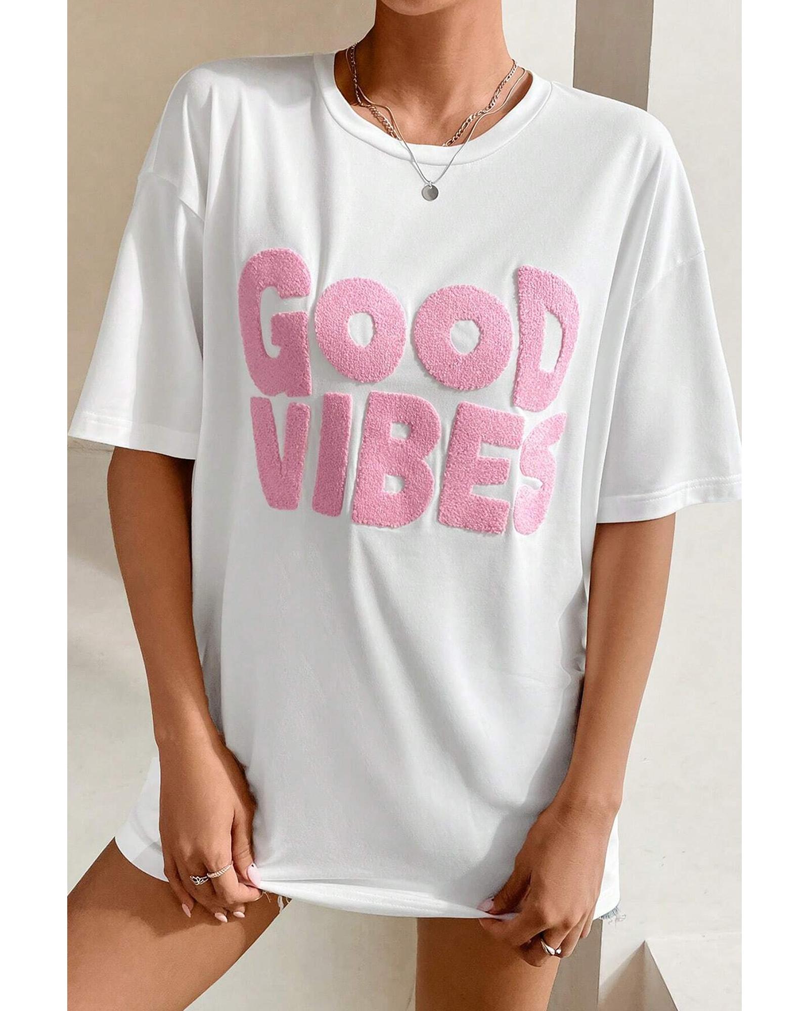 

Azura Exchange White GOOD VIBES Chenille Embroidered Crewneck T Shirt S білий