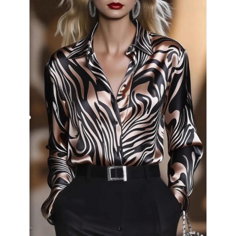 2026 Women's Fashion Satin Slim Fit Abstract Animal Print Long Sleeve Shirt
