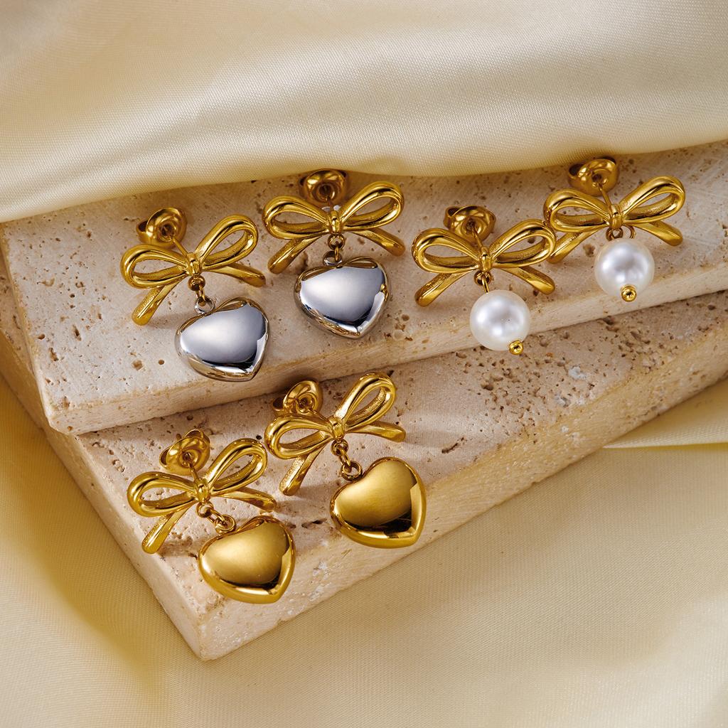 Elegant Imitation Pearl Drop Earrings for Women Stainless Steel Gold Color Bowknot Classic Everyday Office Wear Jewelry Gift