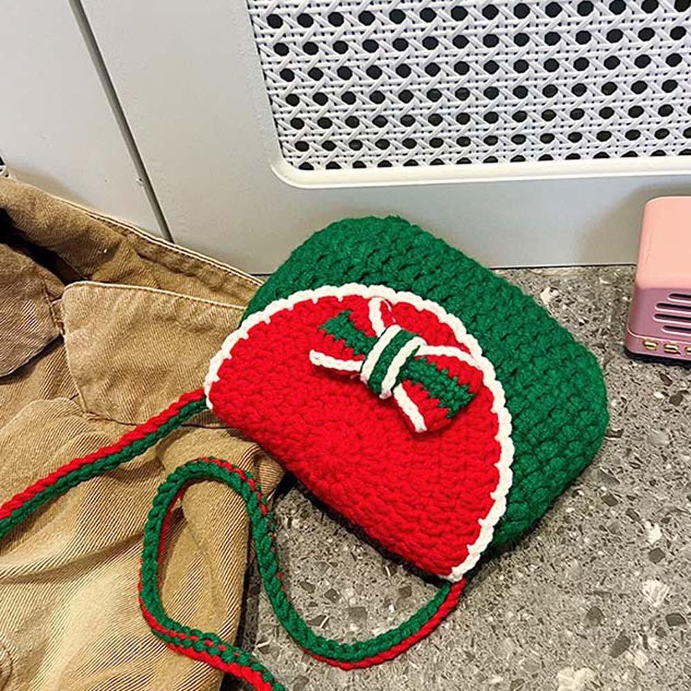 Santa Claus Christmas Crossbody Bag Bow Women's Knitted Bag Contrasting Colors Purse Storage