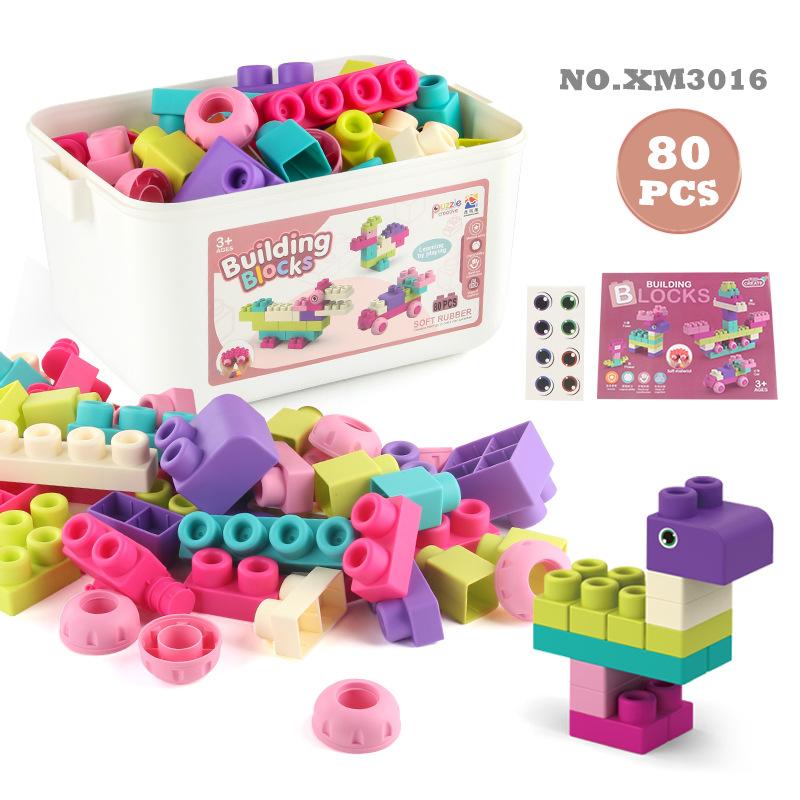 

Children S 80Pcs Large Particle Soft Rubber Building Block Assembly Diy Toy Educational Science And Education Building Block Storage Box Set 1242.2g