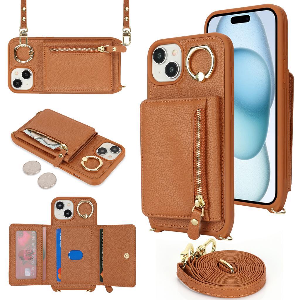 For iPhone 15 Plus/14 Plus Case Card Bag PU Leather+TPU Phone Cover with Ring Kickstand