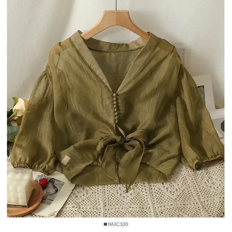 Zomerstijl Blouse met Pofmouwen voor Dames: Lichtgewicht Chiffonen Top met Vetersluiting in Franse Stijl, Beschermend tegen de Zon