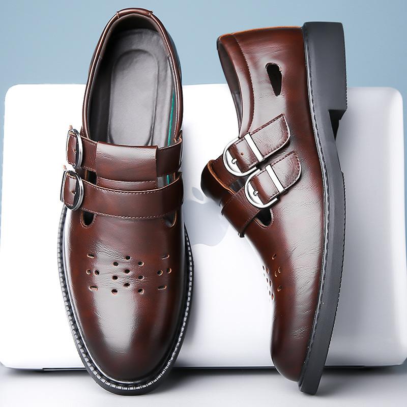 Fashion Summer Men's Buckle Sandals 2025 New Baotou Beach Shoes Male Fashion Casual New Designer Hollow Cow Leather Sandals Shoes Man