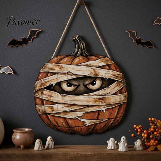 Unique Masked Ghost Decor Halloween Mummy Pumpkin Hanging Sign, Retro Wooden Pendant with Indoor Festival Props Hemp Rope for Front Door Wall Entrance