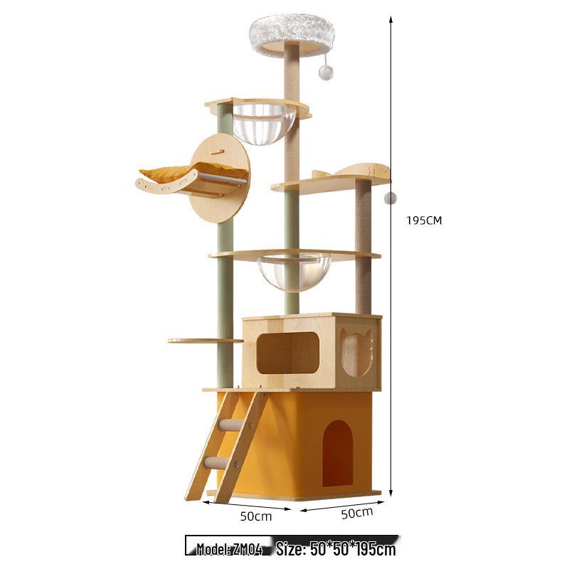 Large Wooden Cat Tree & Scratching Post with Space-Saving Design - Integrated Climbing Frame & House