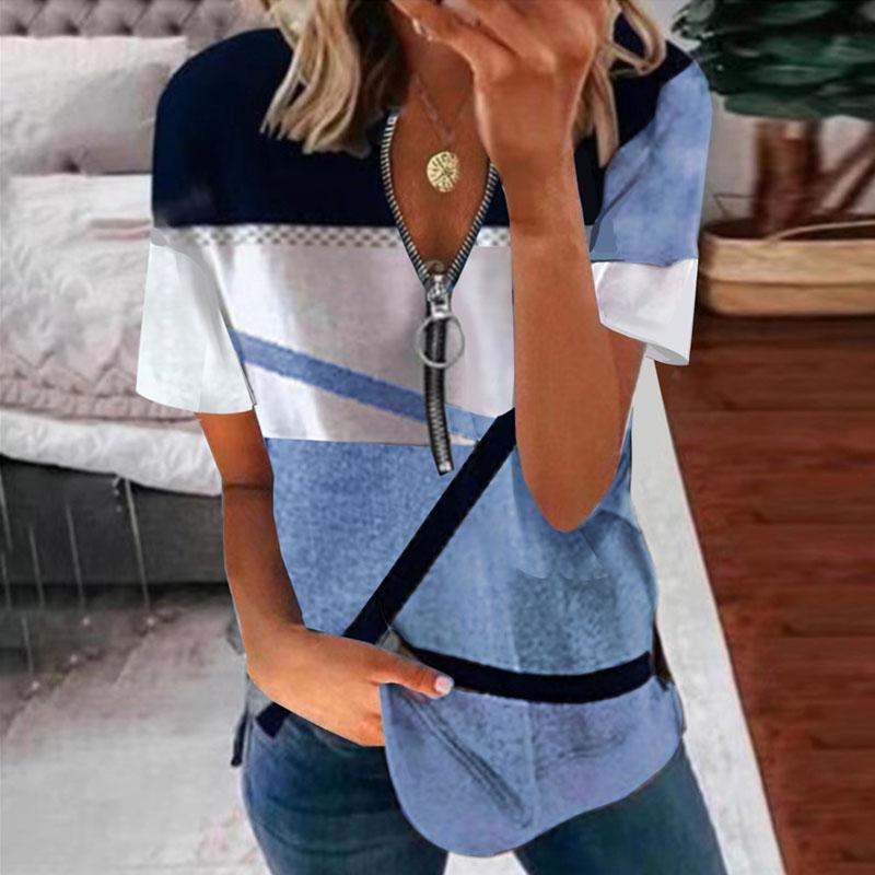 Damer Sommer Casual Trykket Løs Kort Ermet T-skjorte V-hals Glidelåstopp