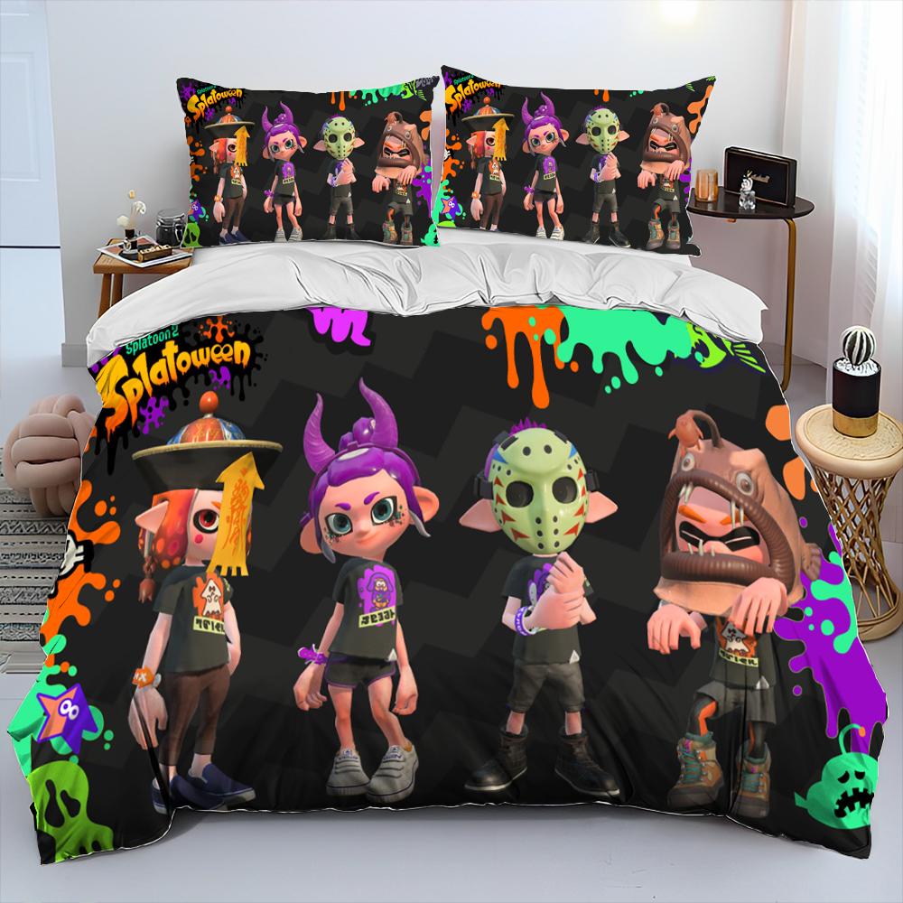 S-Splatoon Game Gamer Cartoon Comforter Bedding Set,Duvet Cover Bed Set Quilt Cover Pillowcase,King Queen Size Bedding Set Kids