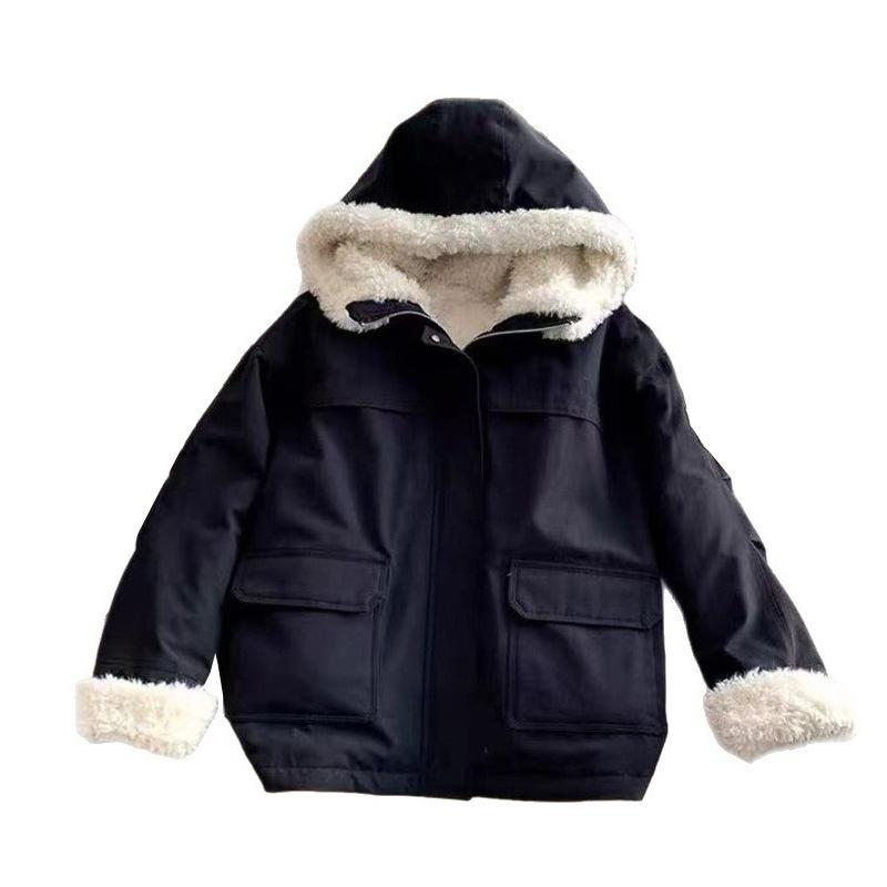 Lamb Wool Hooded Plus Velvet Jacket Winter New Down Jacket Women's Workwear Cotton Jacket