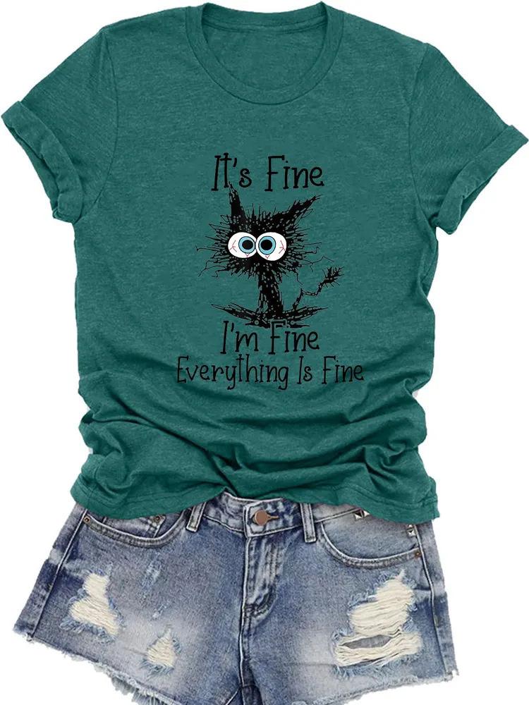 Women's top cat D print short-sleeved shirt apricot comfortable and casual