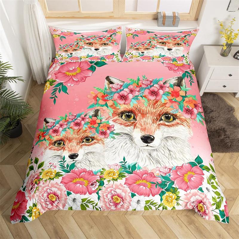 Cartoon-Tier-Bettbezug-Set Zoo Sikahirsch Mikrofaser Rosa Blumig Bettwäsche Einzelbett Twin Für Mädchen Jungen