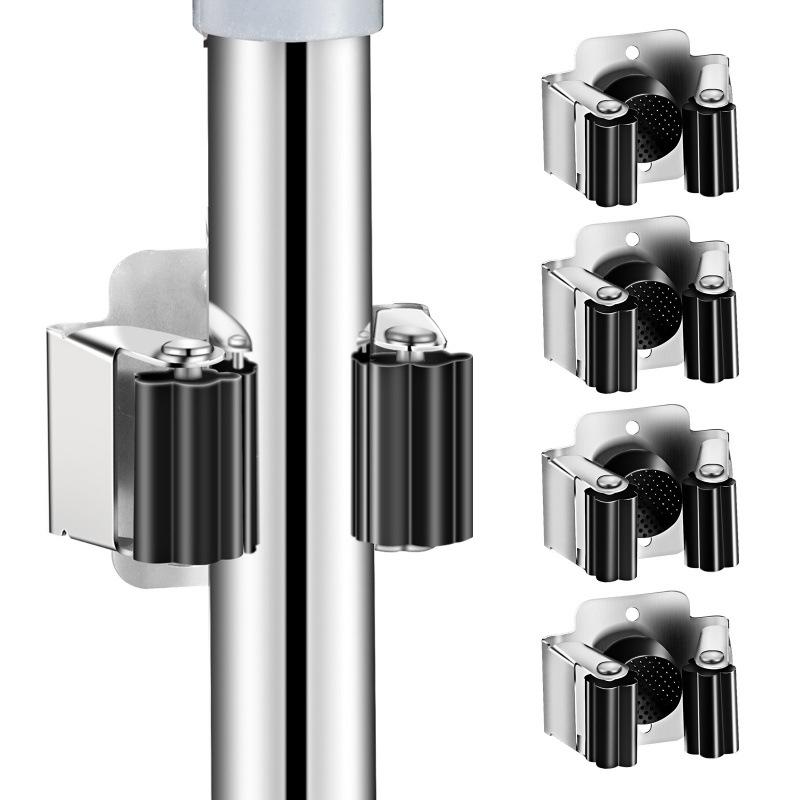 Stainless Steel Wall-Mounted Mop and Broom Holder, Punch-Free Clip for Bathroom Storage