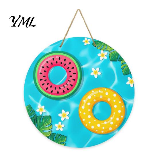 Summer Beach Decor Round Wooden Door Hanger, Watercolor Welcome Sign, Hello Sunshine Indoor Outdoor Wall Hanger Please Plaque for Porch Decorative