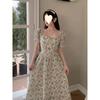 Design sense niche square neck bubble sleeves floral princess dress summer thin temperament versatile dress children