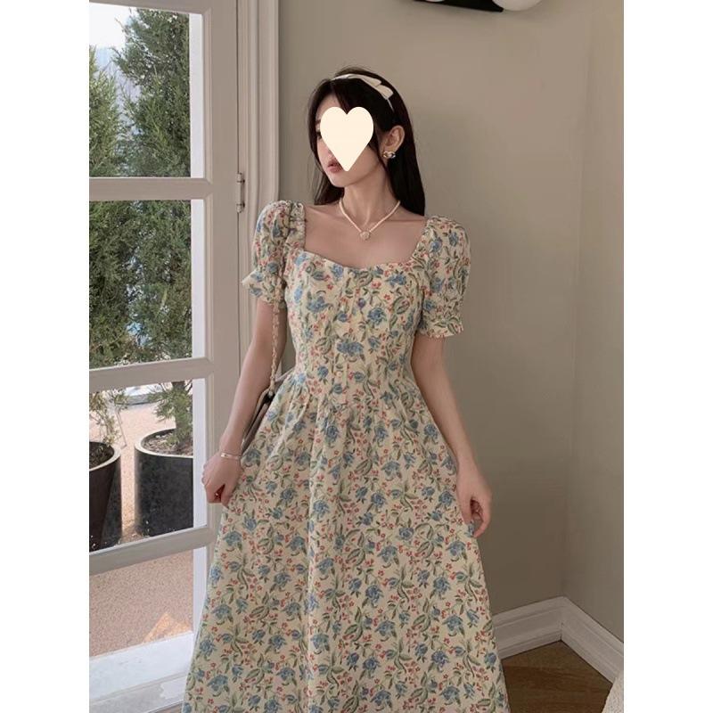 Design sense niche square neck bubble sleeves floral princess dress summer thin temperament versatile dress children