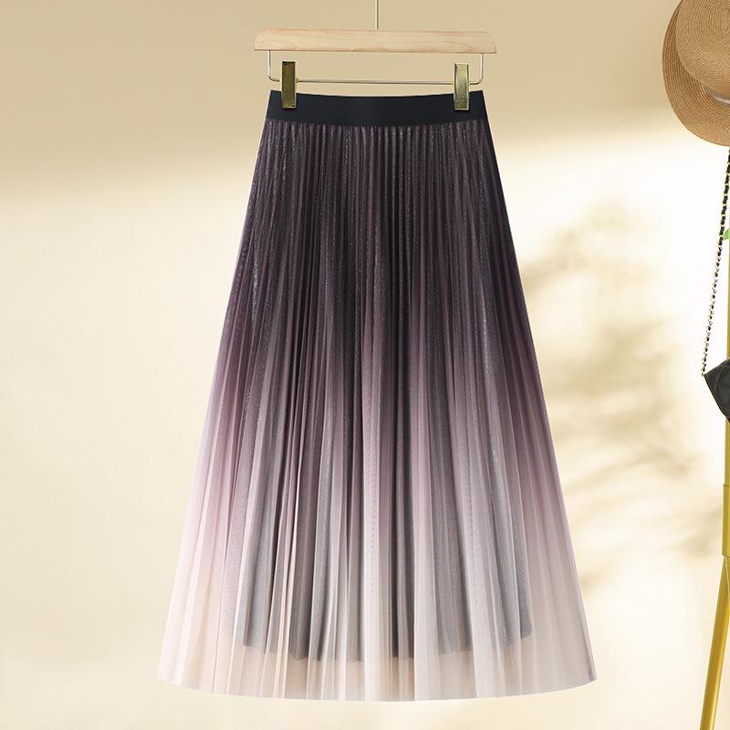 Women's Gradient Mesh Pleated Midi Skirt - 2025 Spring Collection, High Waist A-line with Slimming Drapes